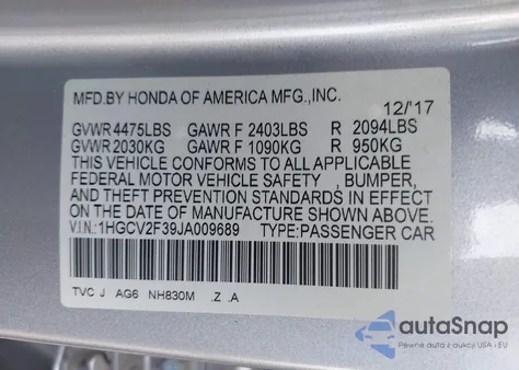 2018 Honda Accord Sport 2.0T из США, поврежденный, VIN 1HGCV2F39JA009689